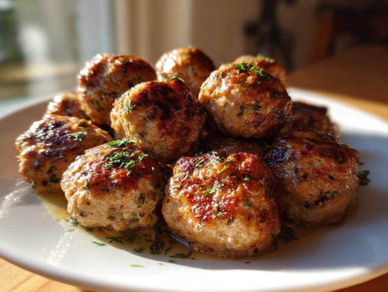A pile of perfectly browned Easy Creamy Greek Chicken Meatballs garnished with fresh herbs, sitting in a light sauce on a white plate.