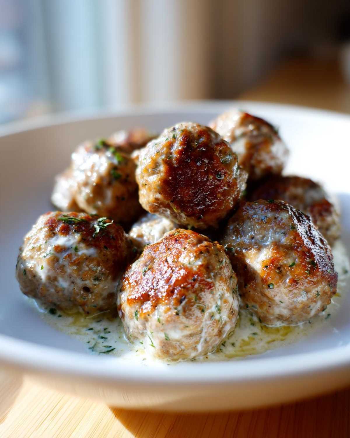 Close-up of browned Easy Creamy Greek Chicken Meatballs served in a white bowl with a light cream sauce.