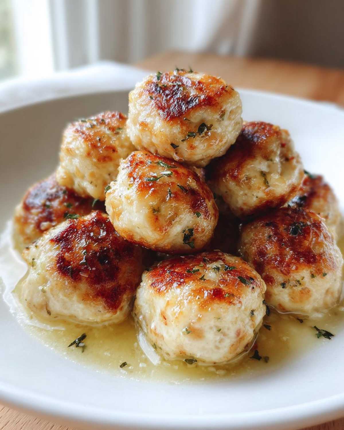 A stack of golden-brown Easy Creamy Greek Chicken Meatballs served in a light, buttery sauce on a white plate.