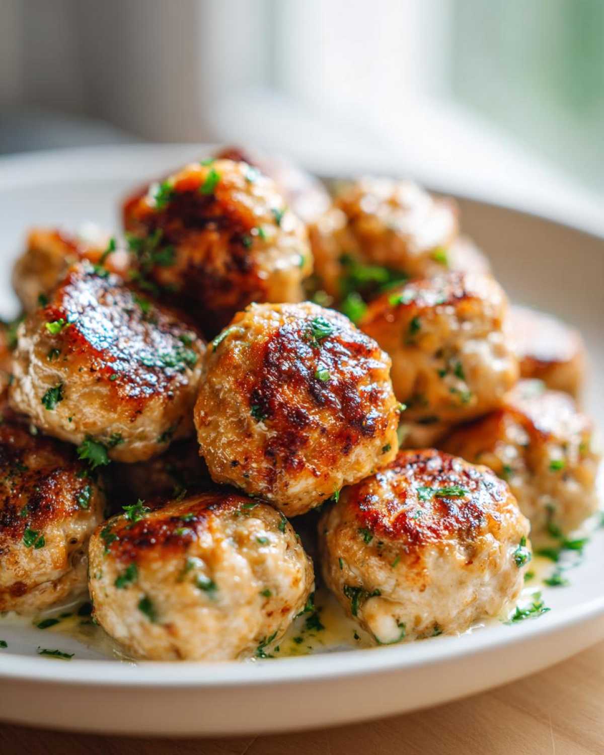 A close-up of golden brown Easy Creamy Greek Chicken Meatballs piled high on a white plate, garnished with parsley.
