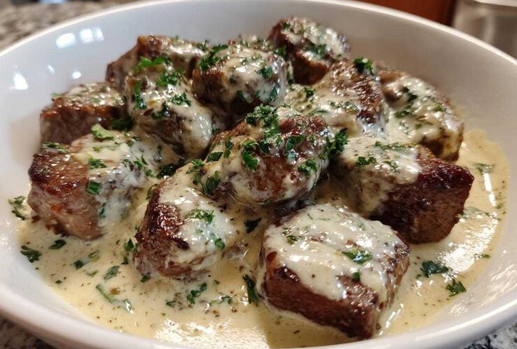 Close-up of seared steak bites smothered in creamy garlic sauce and sprinkled with fresh parsley.