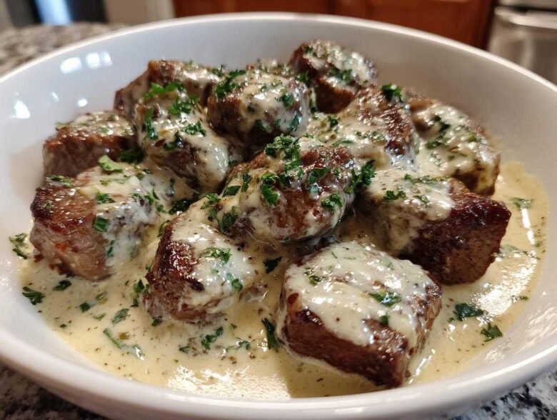 Close-up of seared steak bites smothered in creamy garlic sauce and sprinkled with fresh parsley.