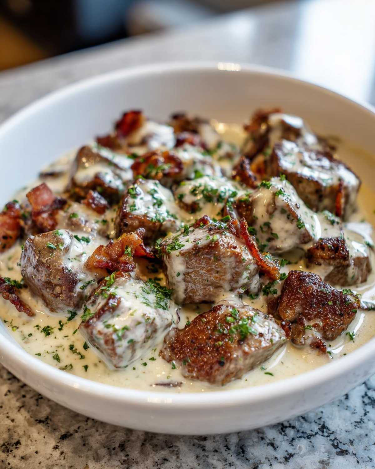 Close-up of Easy One-Pan Creamy Garlic Steak Bites topped with bacon bits and parsley in a white bowl.