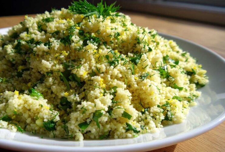 A close-up of fluffy Easy One-Pot Creamy Lemon Herb Couscous garnished with fresh green herbs and yellow lemon zest.