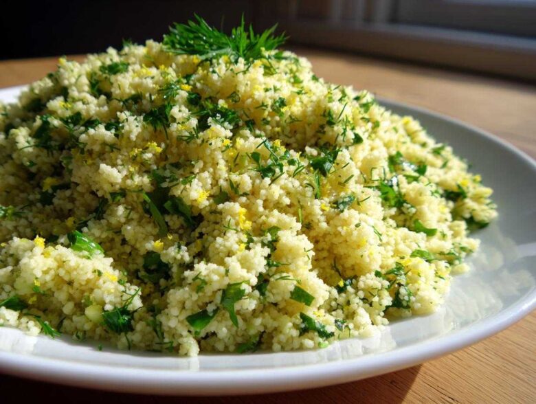 A close-up of fluffy Easy One-Pot Creamy Lemon Herb Couscous garnished with fresh green herbs and yellow lemon zest.