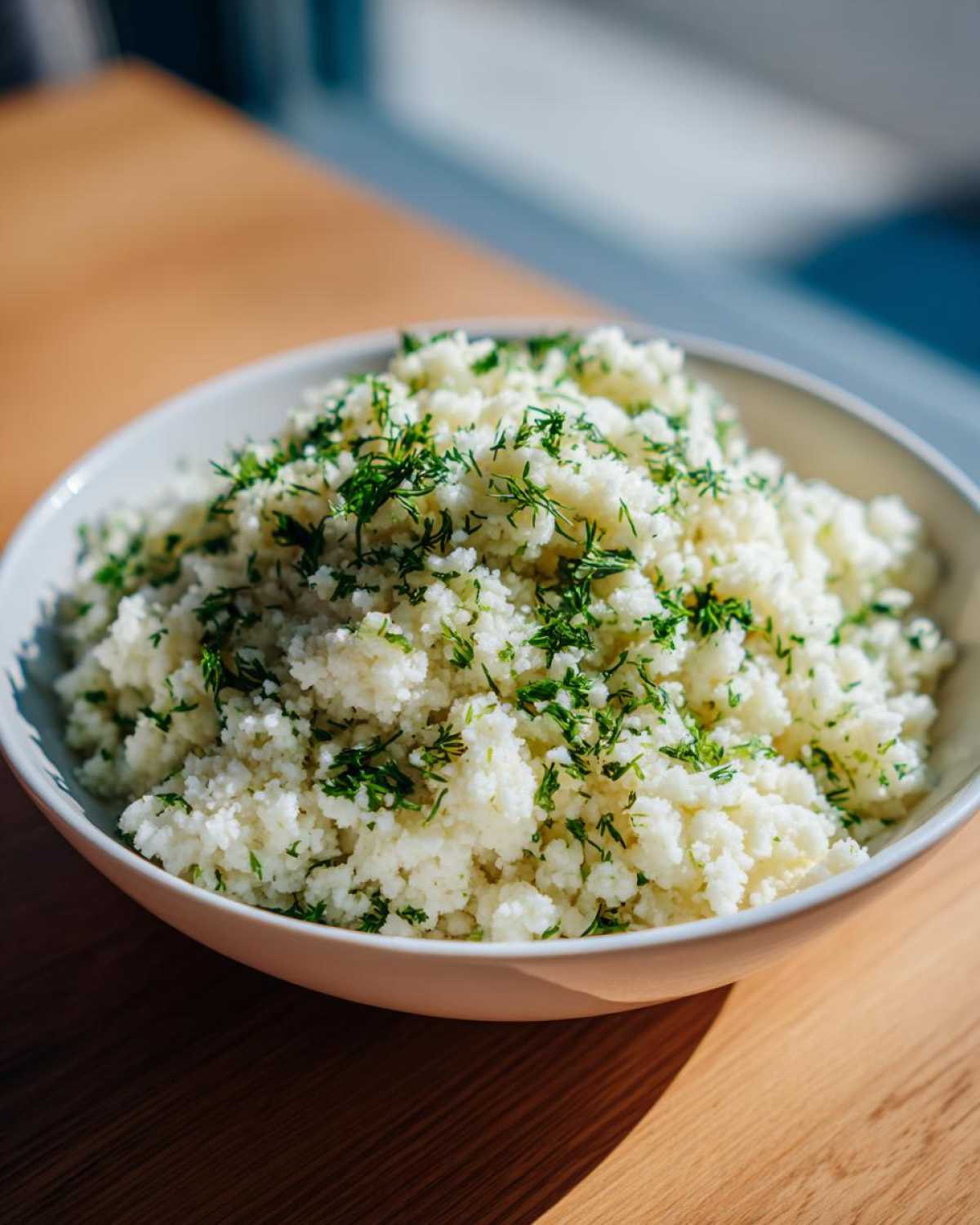 A white bowl filled with fluffy Easy One-Pot Creamy Lemon Herb Couscous, topped generously with fresh chopped dill.