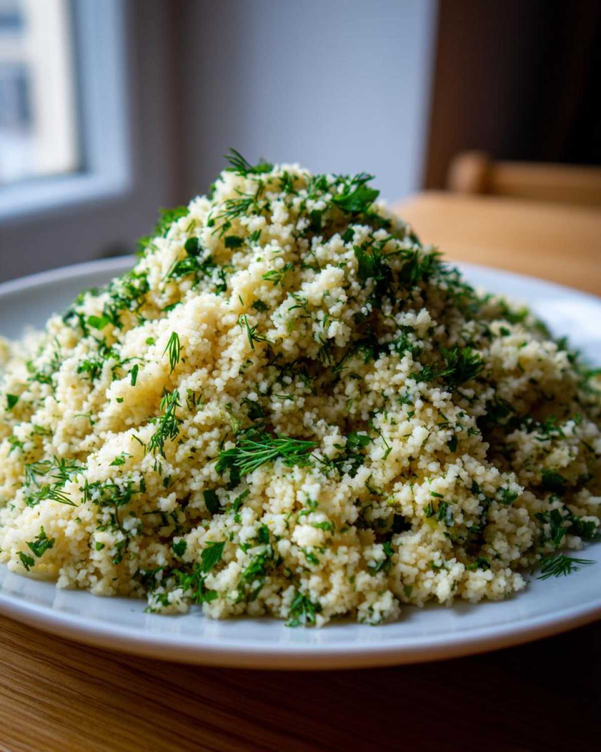 A mound of fluffy Easy One-Pot Creamy Lemon Herb Couscous generously topped with fresh green herbs like dill and parsley.