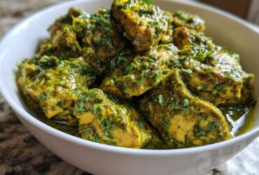 Close-up of tender chicken pieces coated in a vibrant green, creamy salsa verde sauce, ready to serve.