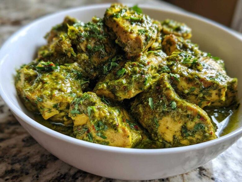 Close-up of tender chicken pieces coated in a vibrant green, creamy salsa verde sauce, ready to serve.