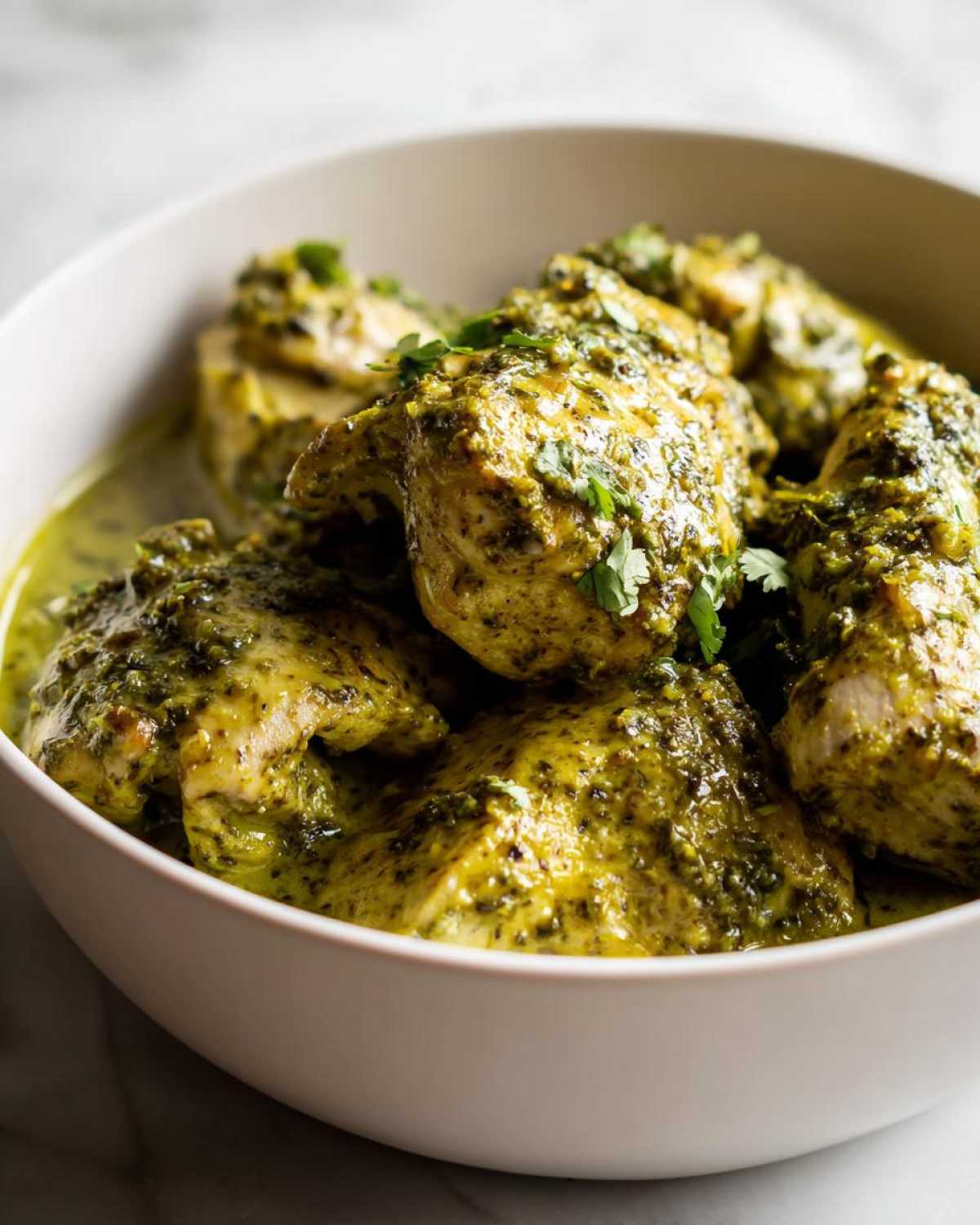 Close-up of tender chicken pieces coated in a vibrant green, creamy salsa verde sauce, garnished with fresh cilantro.