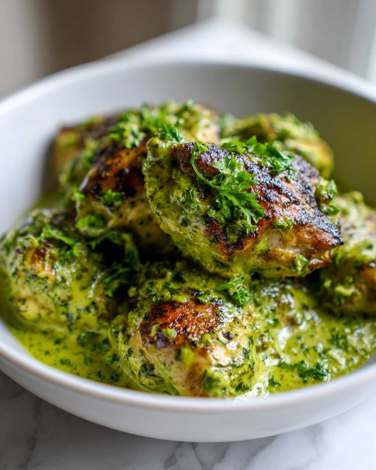 Close-up of seared chicken pieces coated in creamy, vibrant green salsa verde sauce and garnished with fresh parsley.