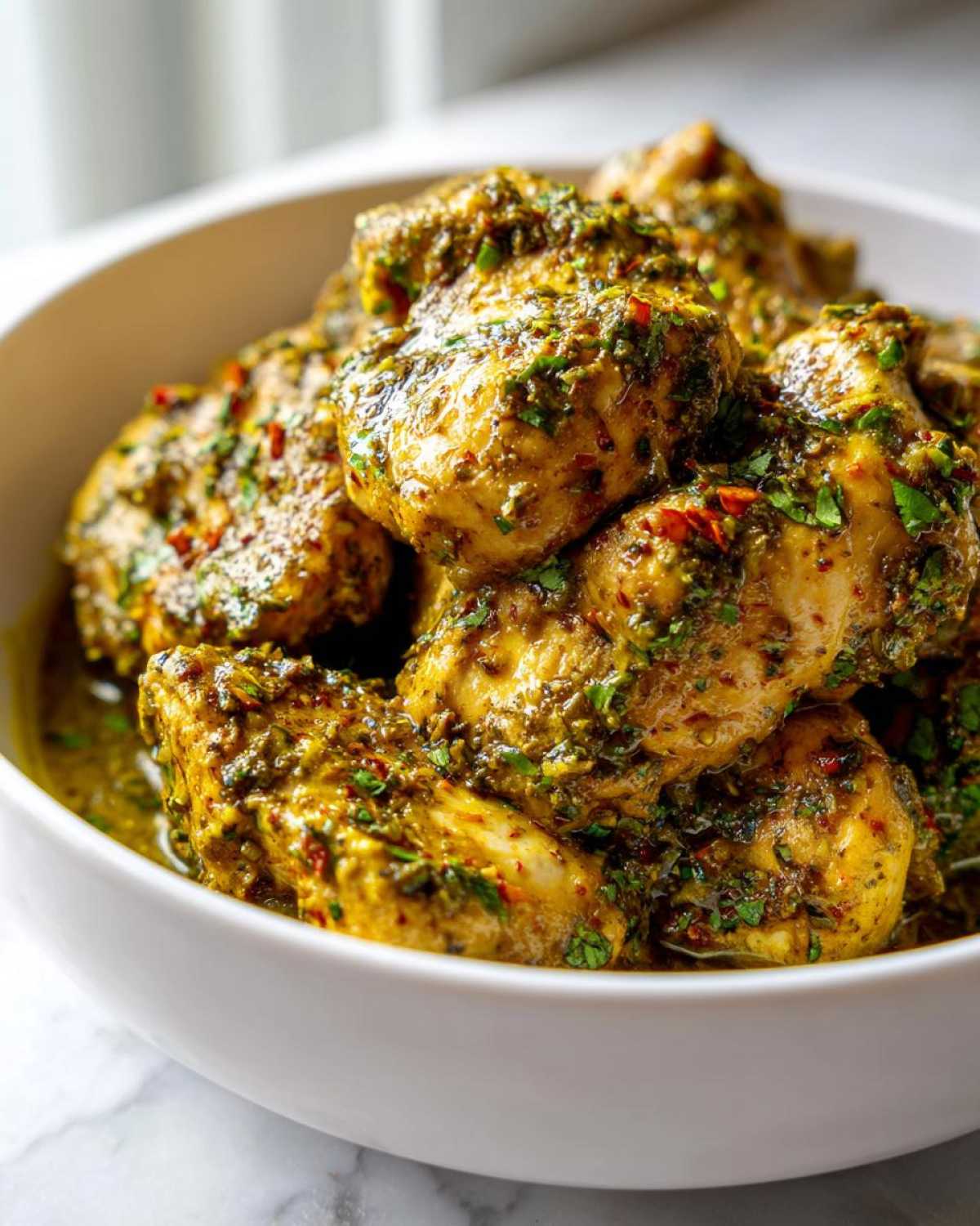Close-up of tender chicken pieces coated in a vibrant green, creamy salsa verde sauce, served in a white bowl.