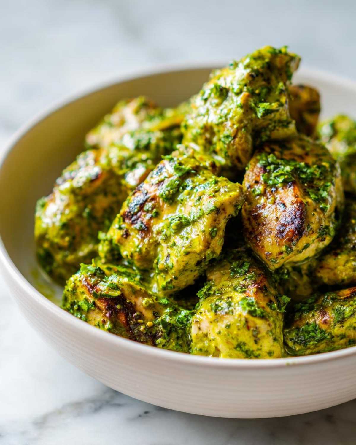 Close-up of seared chicken pieces coated in a vibrant green, creamy salsa verde sauce in a white bowl.