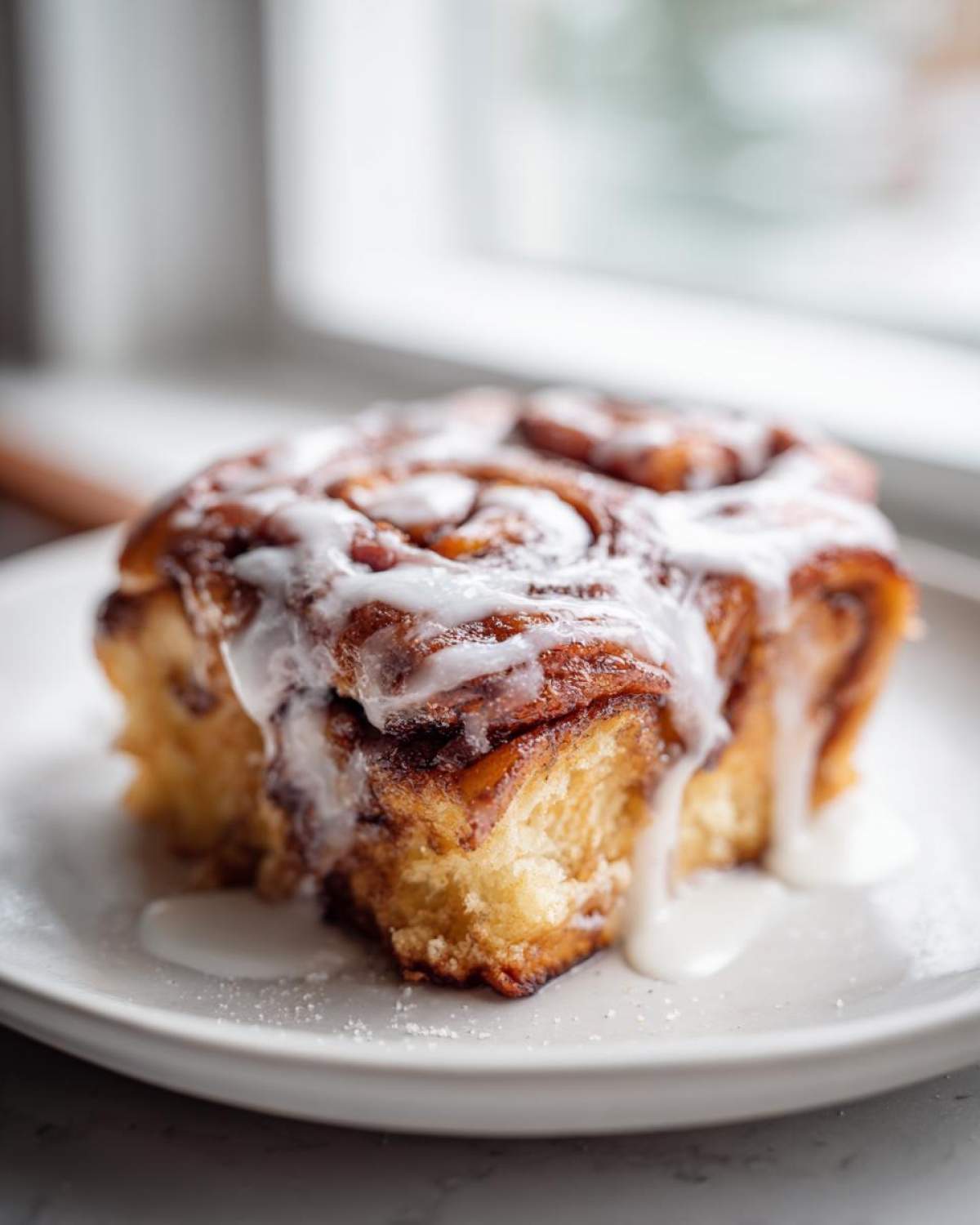Close-up of a square serving of Easy Sheet Pan Cinnamon Roll Pancake Bake drizzled with white icing.