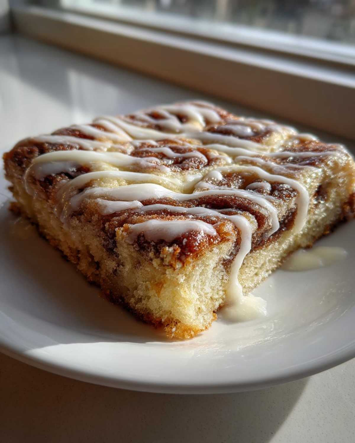 A square slice of Easy Sheet Pan Cinnamon Roll Pancake Bake drizzled with white icing, sitting on a white plate.