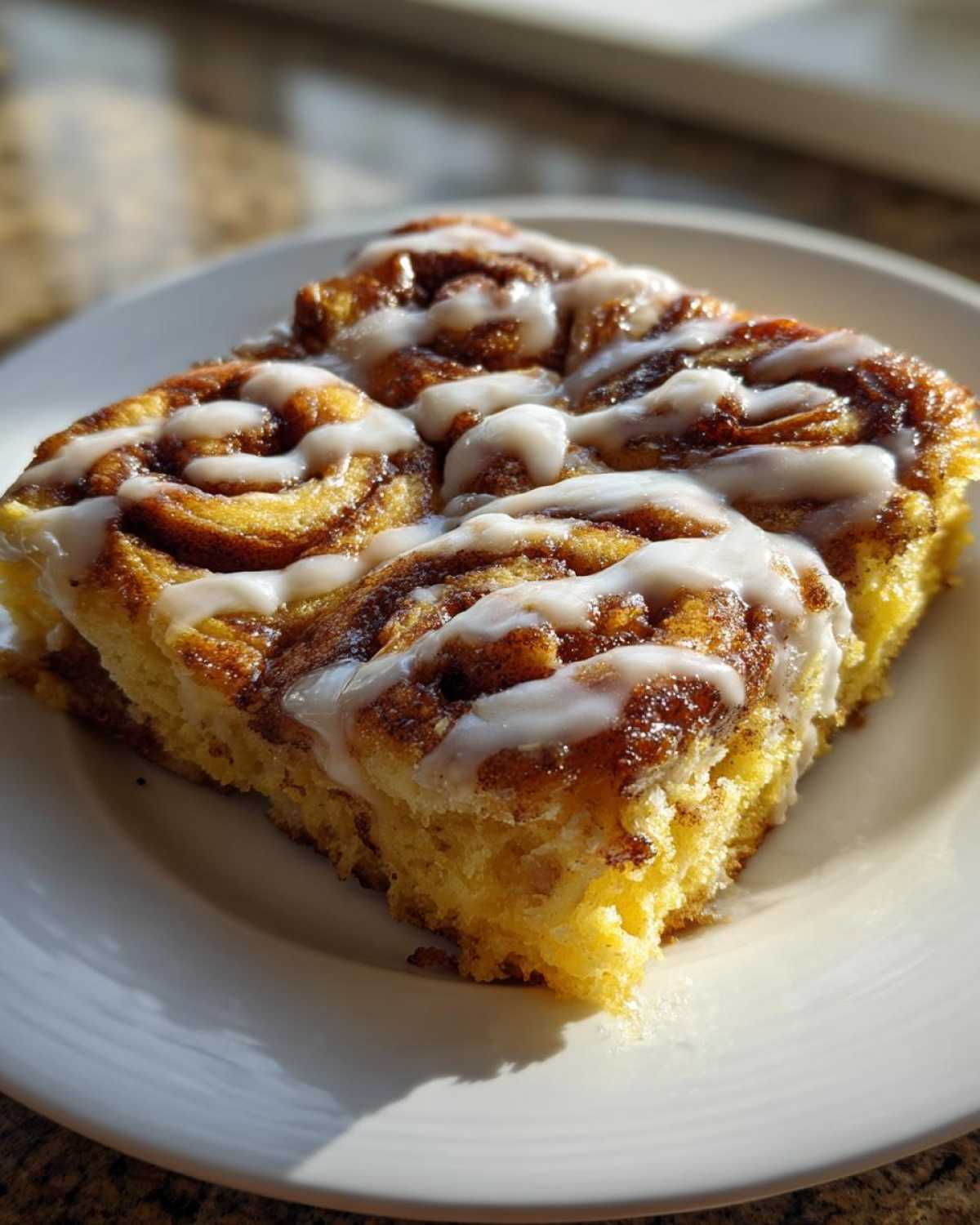 A close-up of a square slice of Easy Sheet Pan Cinnamon Roll Pancake Bake drizzled with white icing on a white plate.