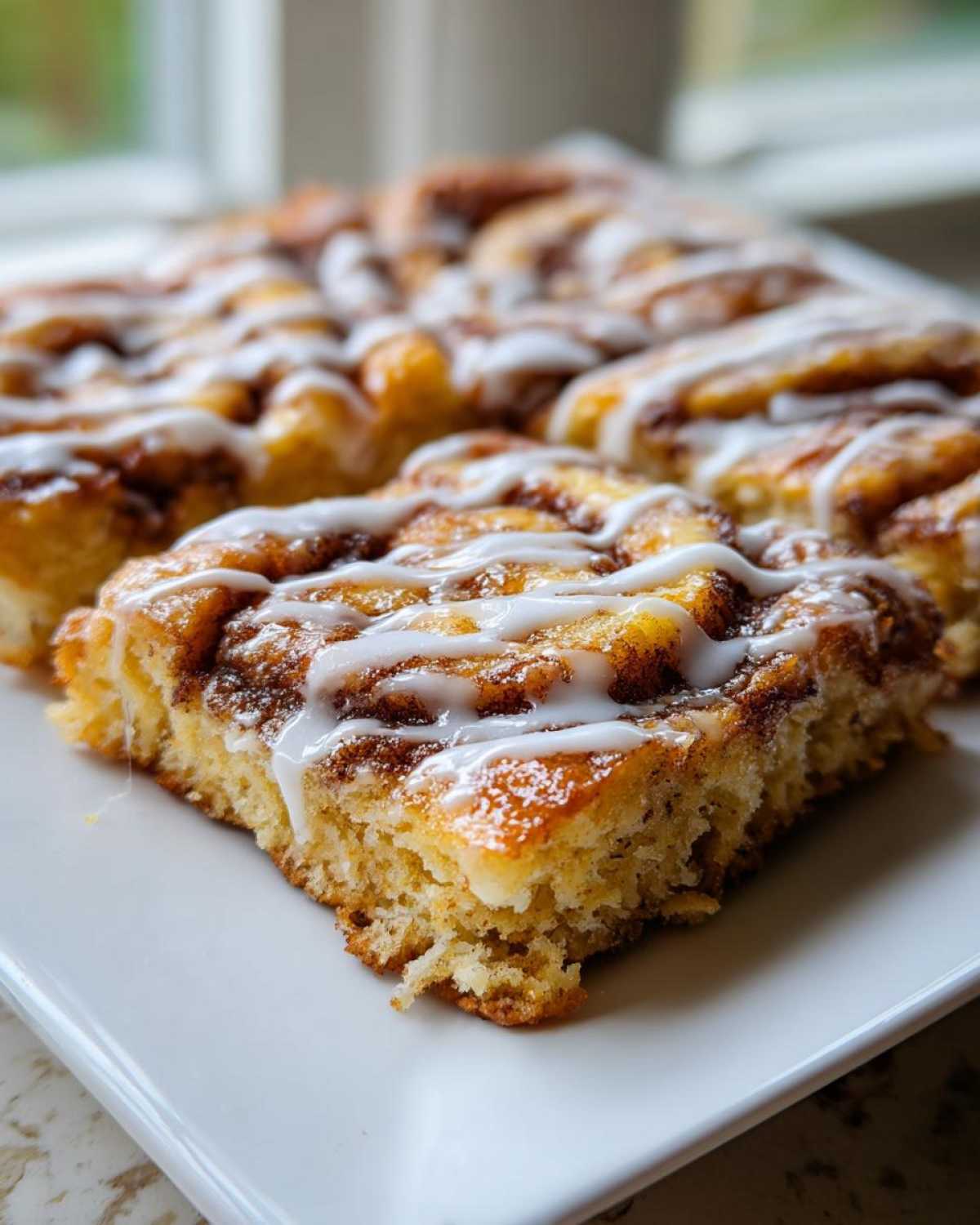 A close-up of a square piece of Easy Sheet Pan Cinnamon Roll Pancake Bake drizzled with white icing.