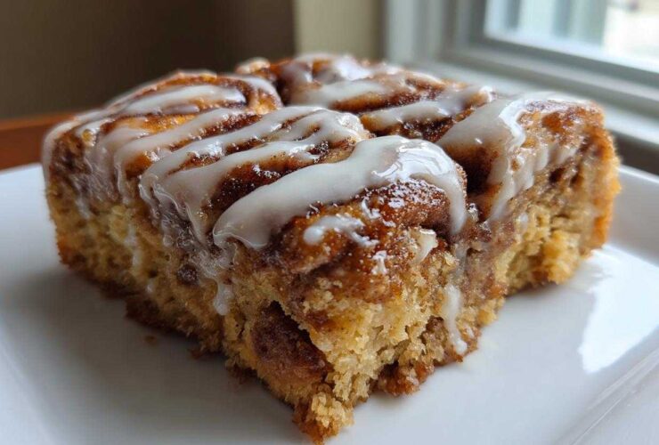 A close-up of a square serving of Easy Sheet Pan Cinnamon Roll Pancake Bake topped with white icing.