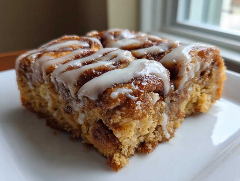 A close-up of a square serving of Easy Sheet Pan Cinnamon Roll Pancake Bake topped with white icing.