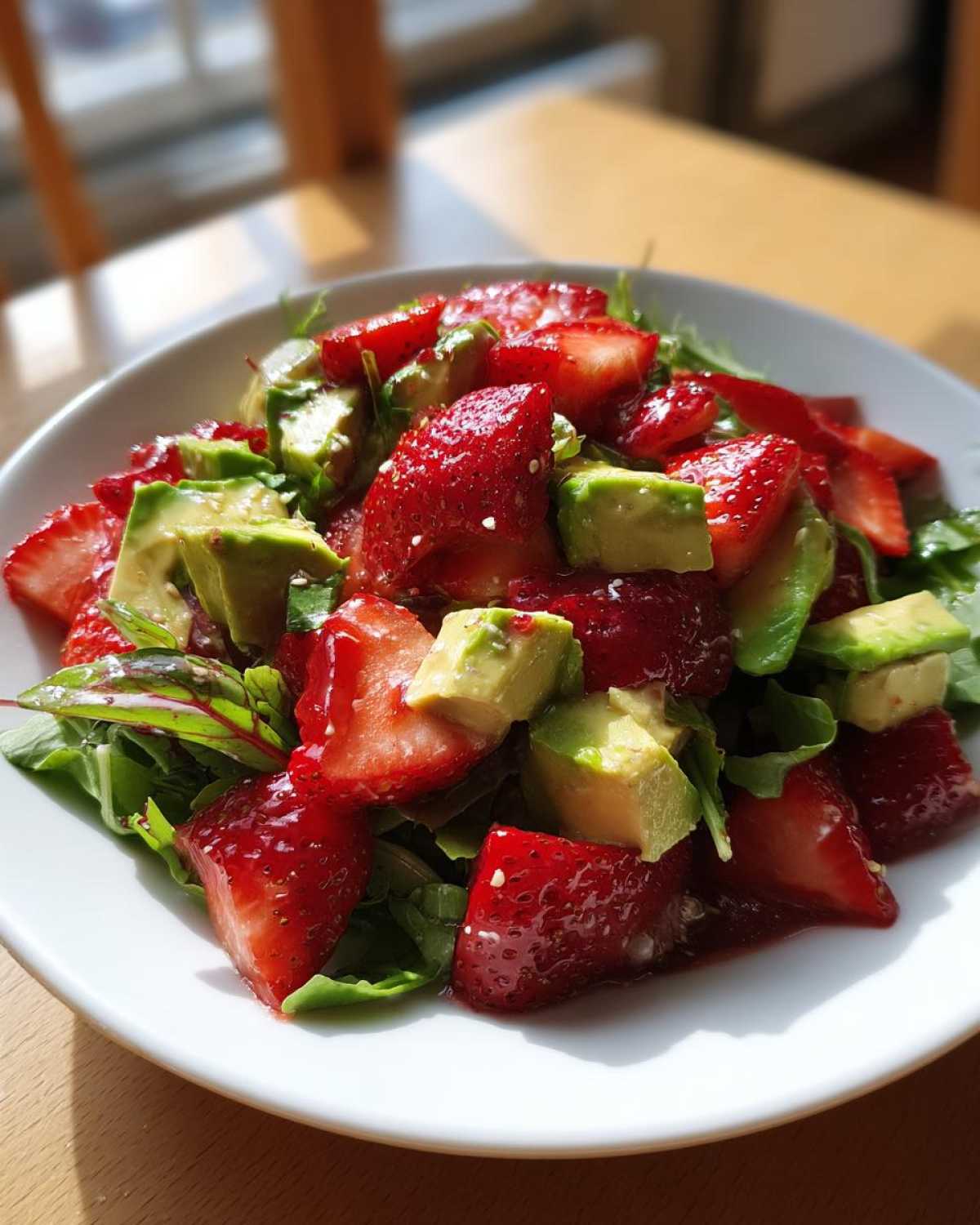 Close-up of a vibrant Easy Strawberry Avocado Salad with mixed greens, topped with sliced strawberries and chunks of avocado.