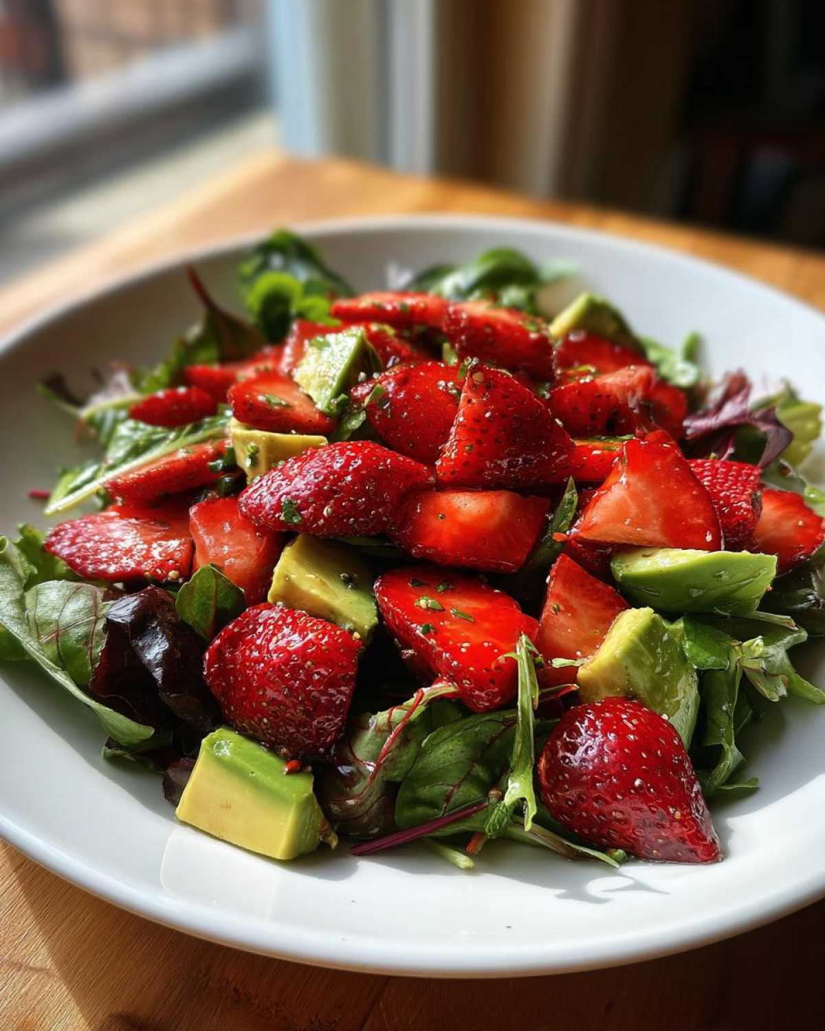 Close-up of a vibrant Easy Strawberry Avocado Salad with mixed greens, ripe strawberries, and cubed avocado.