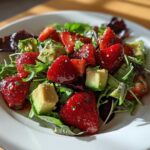 Close-up of a vibrant Easy Strawberry Avocado Salad featuring mixed greens, bright red strawberries, and cubed avocado, glistening with vinaigrette.