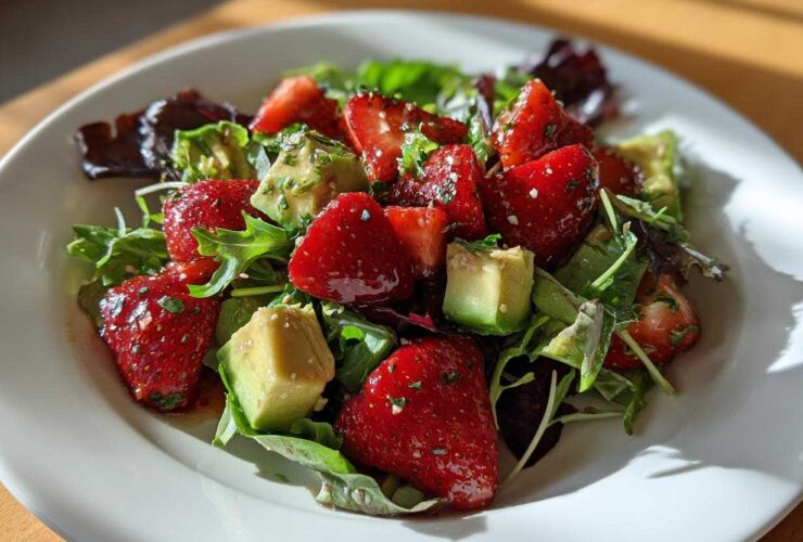 Close-up of a vibrant Easy Strawberry Avocado Salad featuring mixed greens, bright red strawberries, and cubed avocado, glistening with vinaigrette.