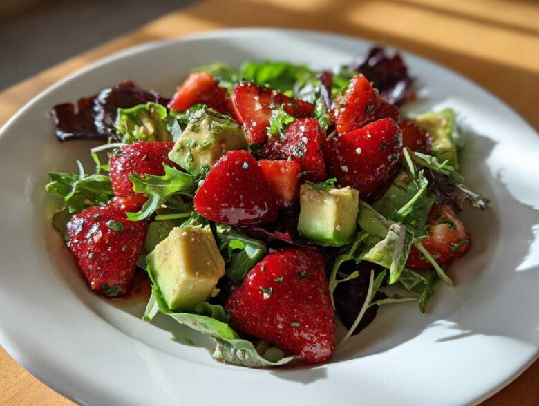 Close-up of a vibrant Easy Strawberry Avocado Salad featuring mixed greens, bright red strawberries, and cubed avocado, glistening with vinaigrette.