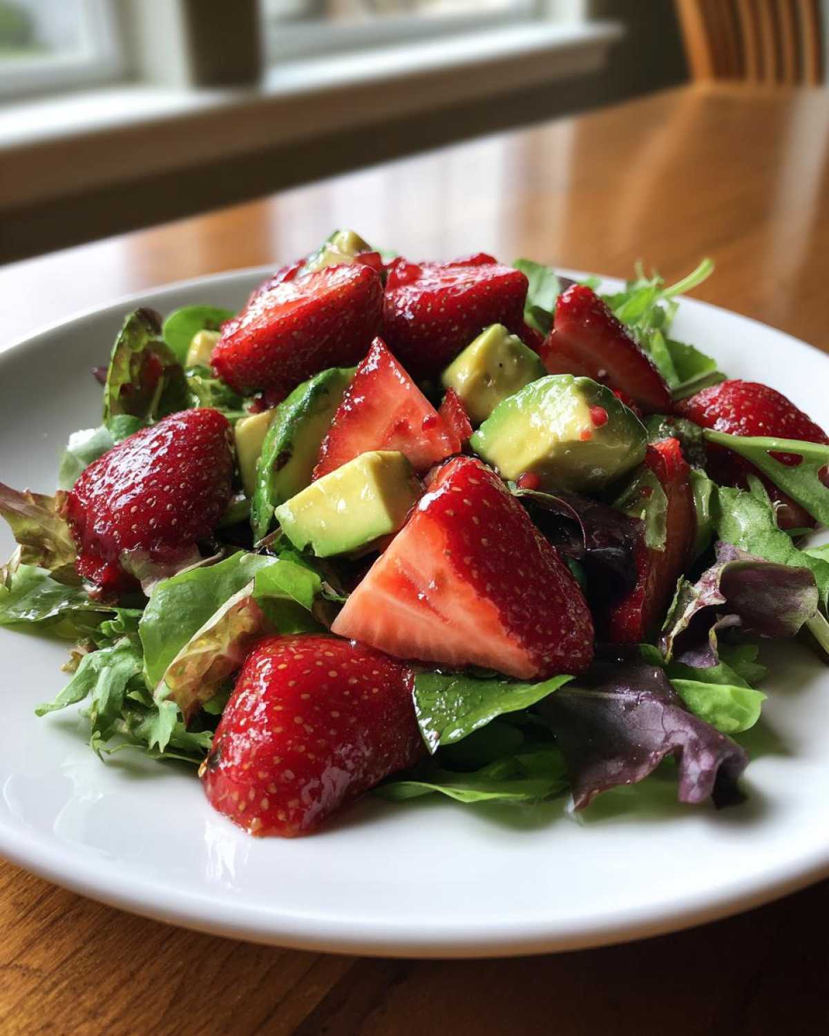 Close-up of a vibrant Easy Strawberry Avocado Salad featuring sliced strawberries, avocado chunks, and mixed greens on a white plate.