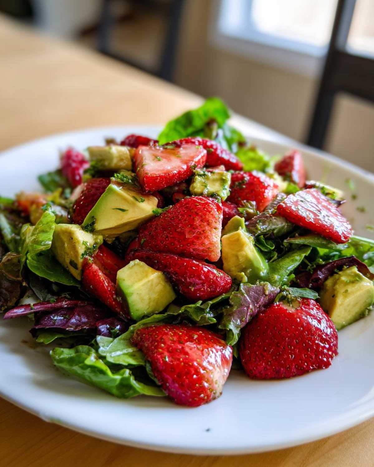 Close-up of a vibrant Easy Strawberry Avocado Salad featuring bright red strawberries and creamy avocado chunks over mixed greens.
