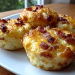 Four golden-brown Egg Muffin Cups with Cheese and Bacon served on a white plate.