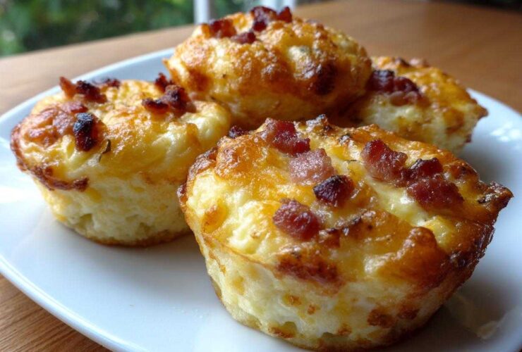 Four golden-brown Egg Muffin Cups with Cheese and Bacon served on a white plate.