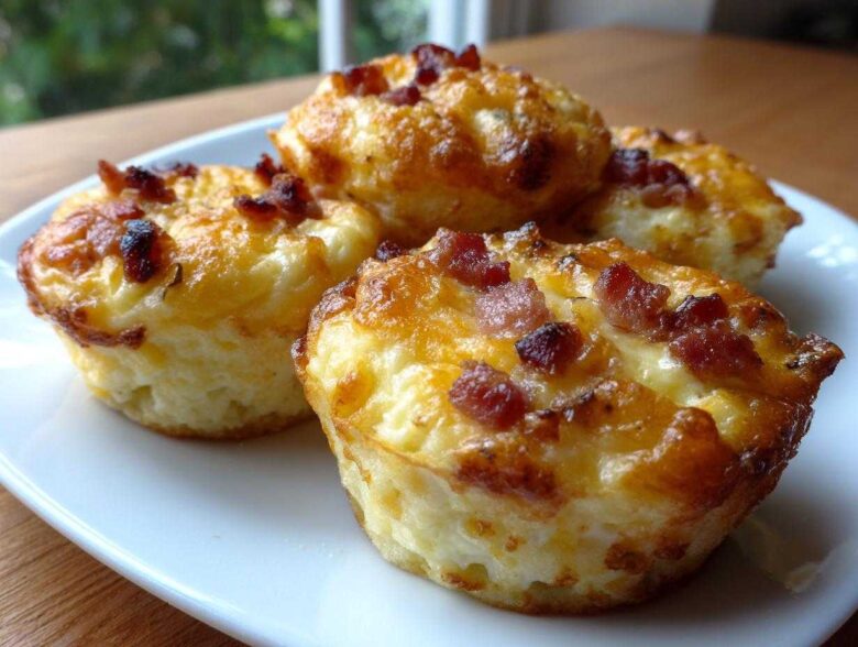 Four golden-brown Egg Muffin Cups with Cheese and Bacon served on a white plate.