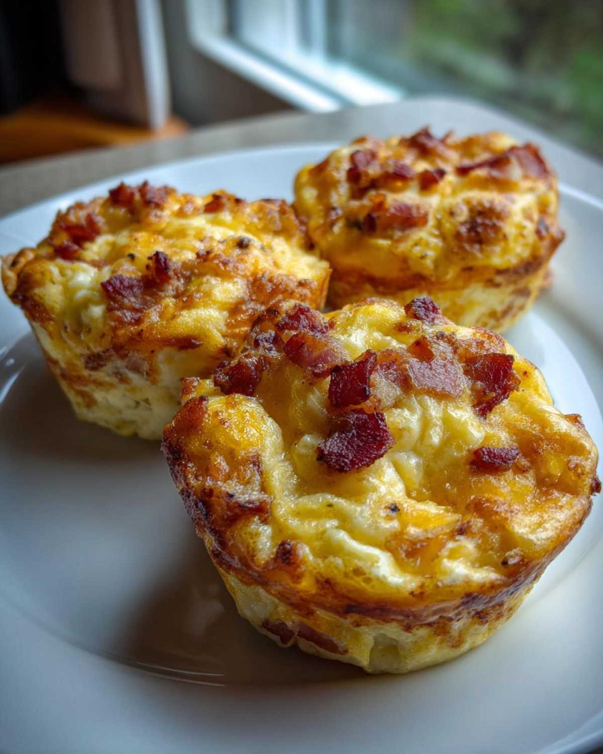 Three freshly baked Egg Muffin Cups with Cheese and Bacon served on a white plate.