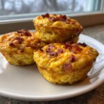 Close-up of three golden Egg Muffin Cups with Cheese and Bacon topped with crispy bacon bits, served on a white plate.