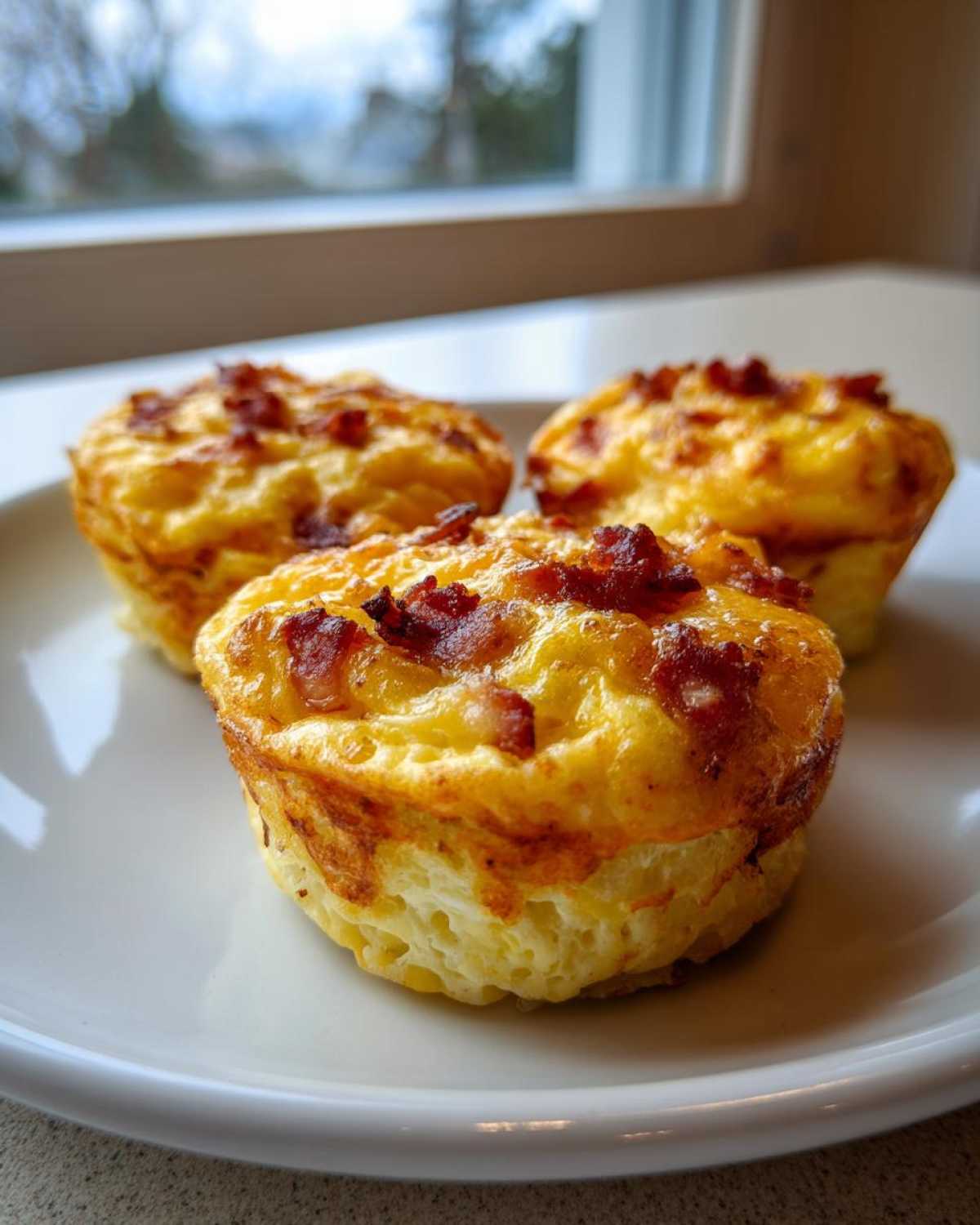 Three golden-brown Egg Muffin Cups with Cheese and Bacon served on a white plate.