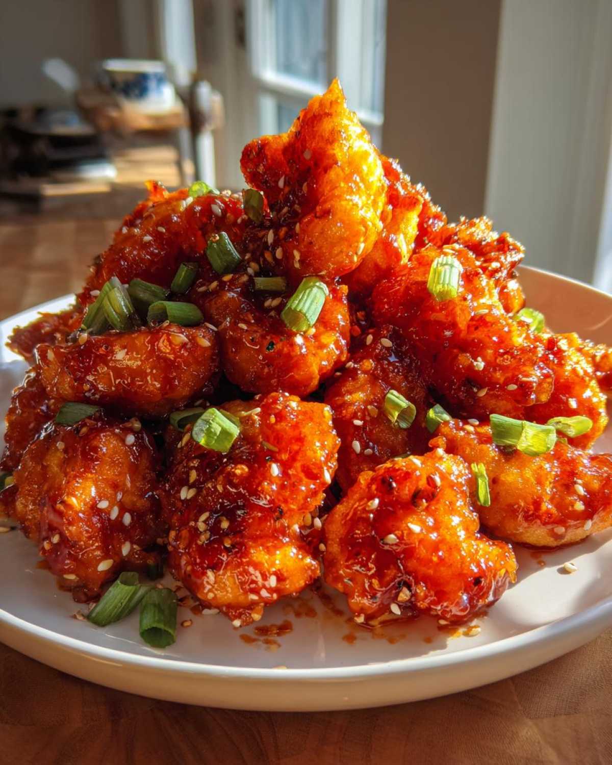 A mound of crispy Firecracker Shrimp Sweet Spicy Addictive coated in glossy sauce, garnished with sesame seeds and green onions.