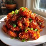 A pile of crispy Firecracker Shrimp Sweet Spicy Addictive coated in a glossy red sauce, topped with sesame seeds and green onions.