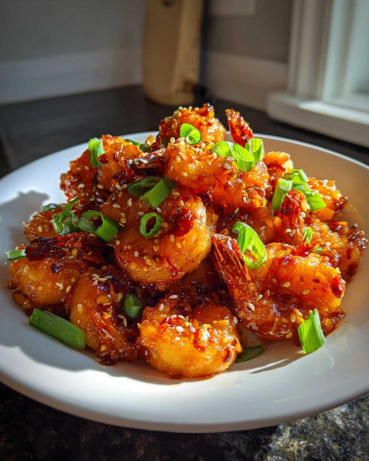 A close-up of Firecracker Shrimp Sweet Spicy Addictive piled high on a white plate, garnished with sesame seeds and green onions.