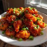 A white plate piled high with crispy, glazed Firecracker Shrimp Sweet Spicy Addictive, garnished with sesame seeds and green onions.