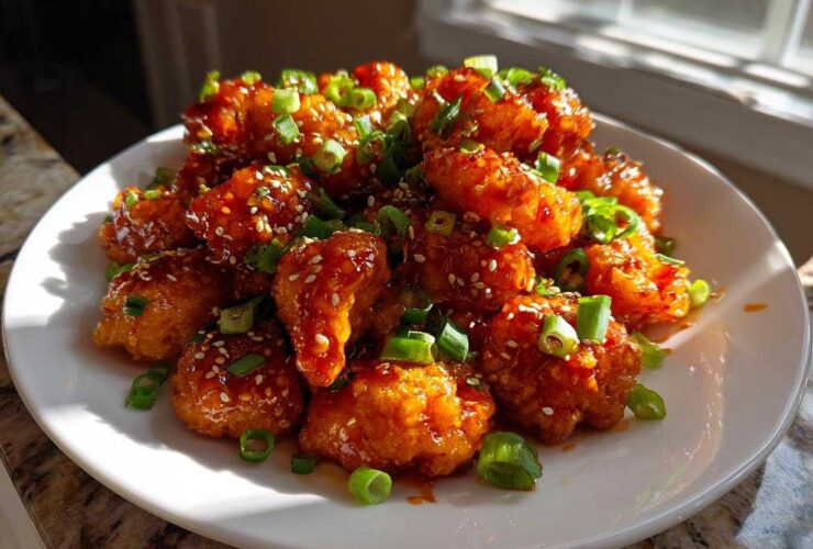 A white plate piled high with crispy, glazed Firecracker Shrimp Sweet Spicy Addictive, garnished with sesame seeds and green onions.