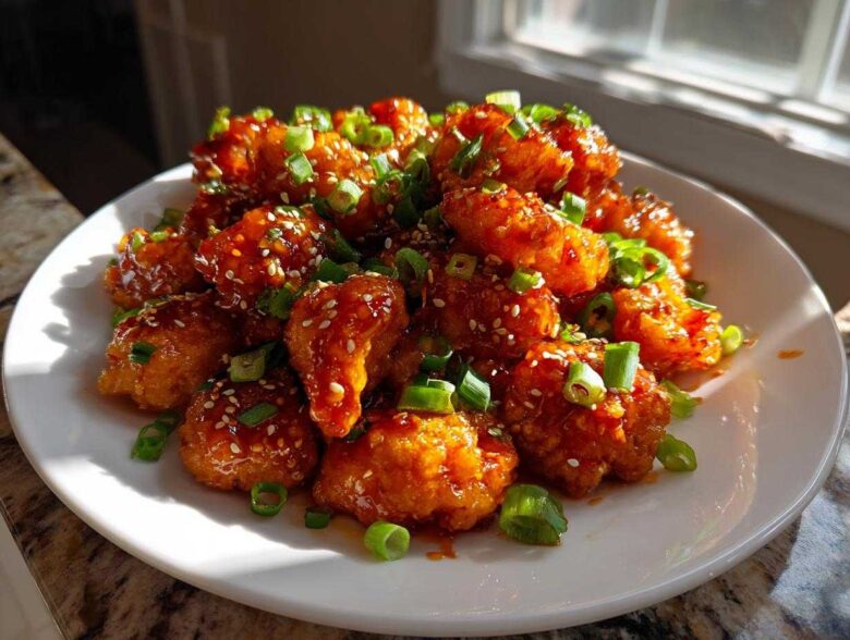 A white plate piled high with crispy, glazed Firecracker Shrimp Sweet Spicy Addictive, garnished with sesame seeds and green onions.