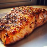 Close-up of a perfectly cooked salmon fillet topped with spicy Cajun seasoning for a Flavor Explosion Cajun Honey Butter Salmon Dinner.