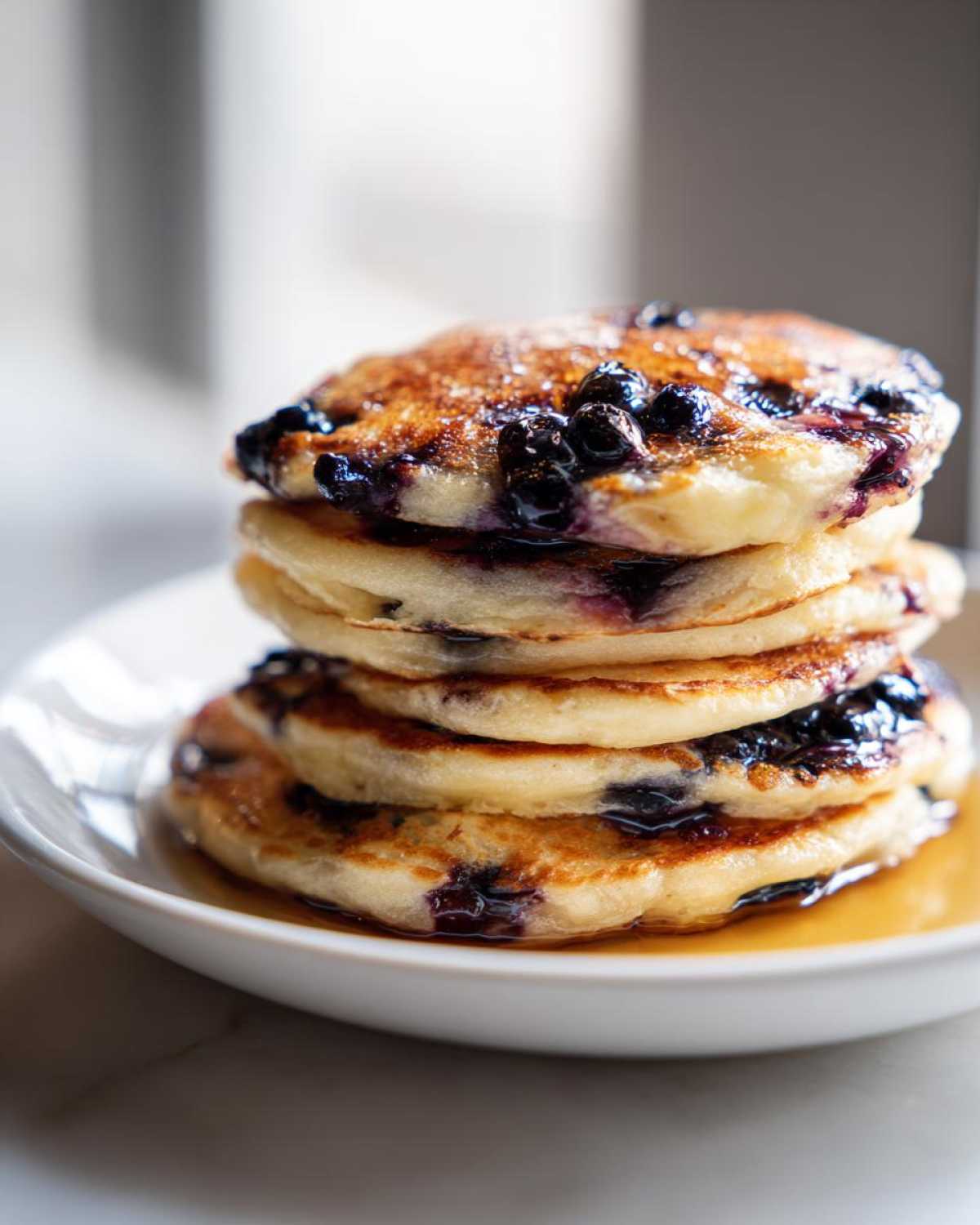 Close-up of a tall stack of fluffy Blueberry Pancakes topped with melted blueberries and syrup on a white plate.