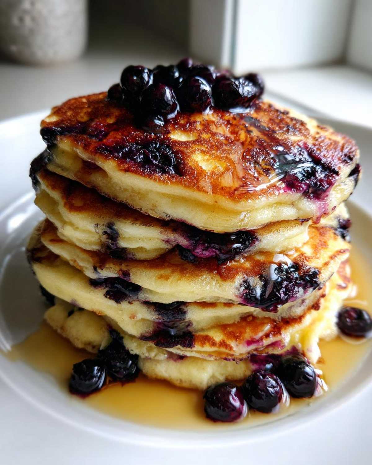 A tall stack of fluffy Blueberry Pancakes topped with fresh blueberries and drizzled with syrup.