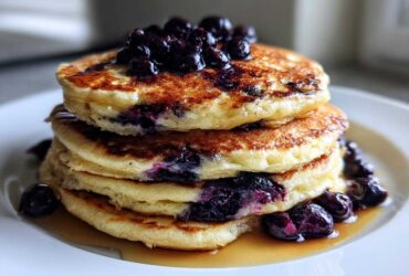 A tall stack of three fluffy Blueberry Pancakes topped with fresh blueberries and drizzled with syrup.