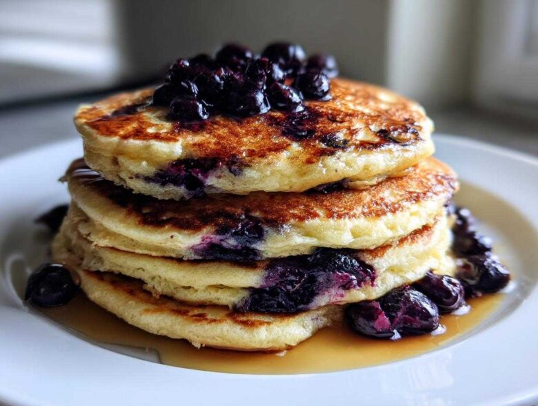 A tall stack of three fluffy Blueberry Pancakes topped with fresh blueberries and drizzled with syrup.
