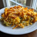 A serving of Frito Cowboy Cabbage on a white plate, topped with melted cheddar cheese and crunchy Fritos corn chips.