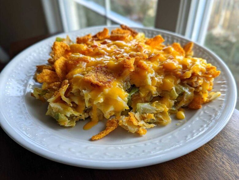 A serving of Frito Cowboy Cabbage on a white plate, topped with melted cheddar cheese and crunchy Fritos corn chips.