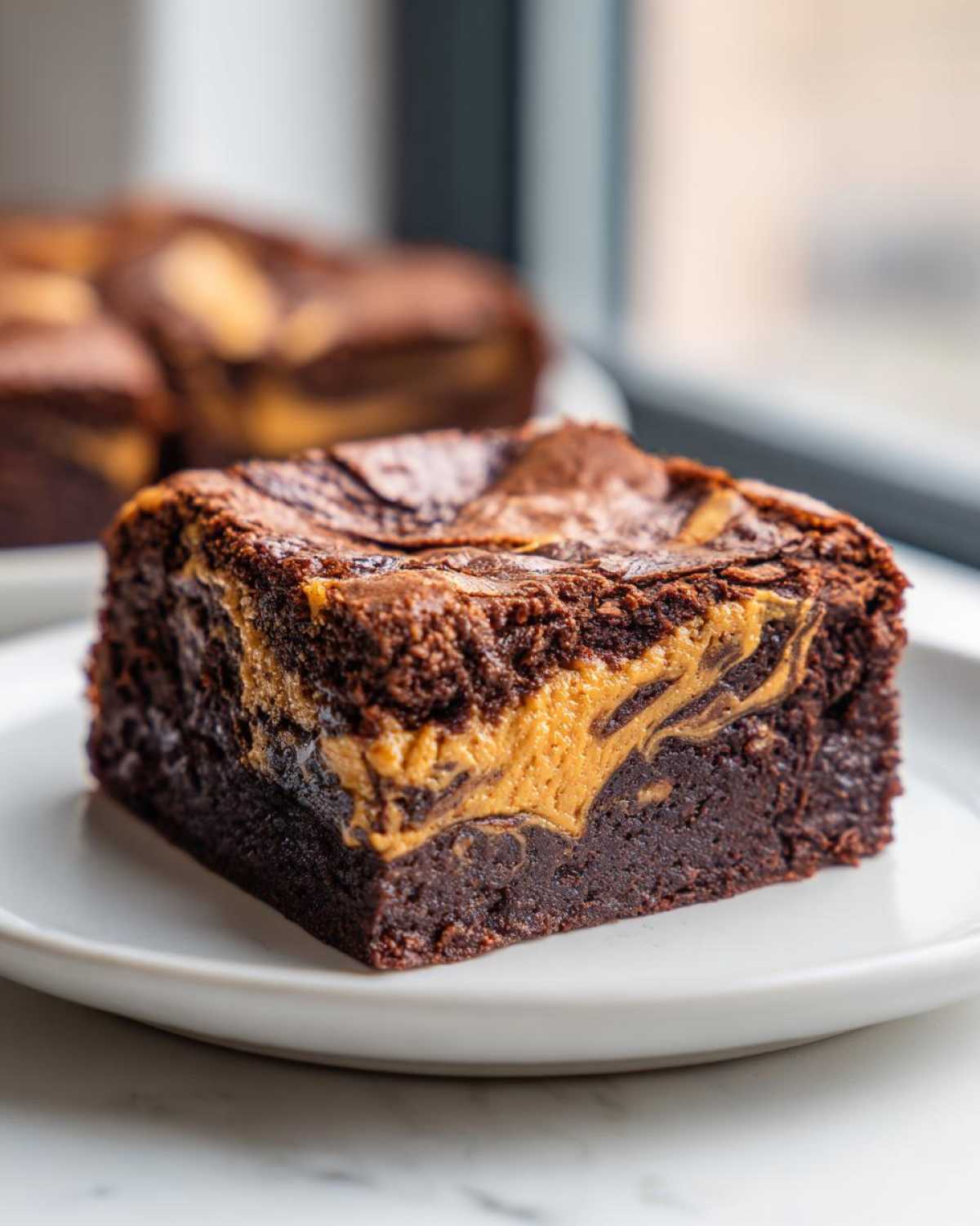 A close-up of a fudgy Gluten-Free Chocolate Peanut Butter Swirl Brownie on a white plate.